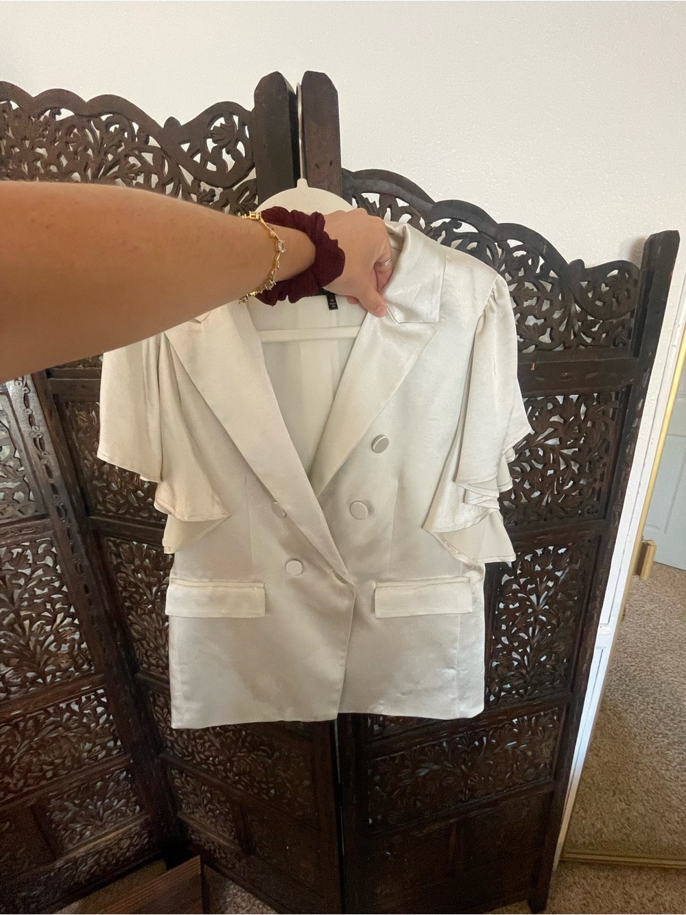 DREW Ivory Satin Double-Breasted Blazer with Short Ruffle Sleeves